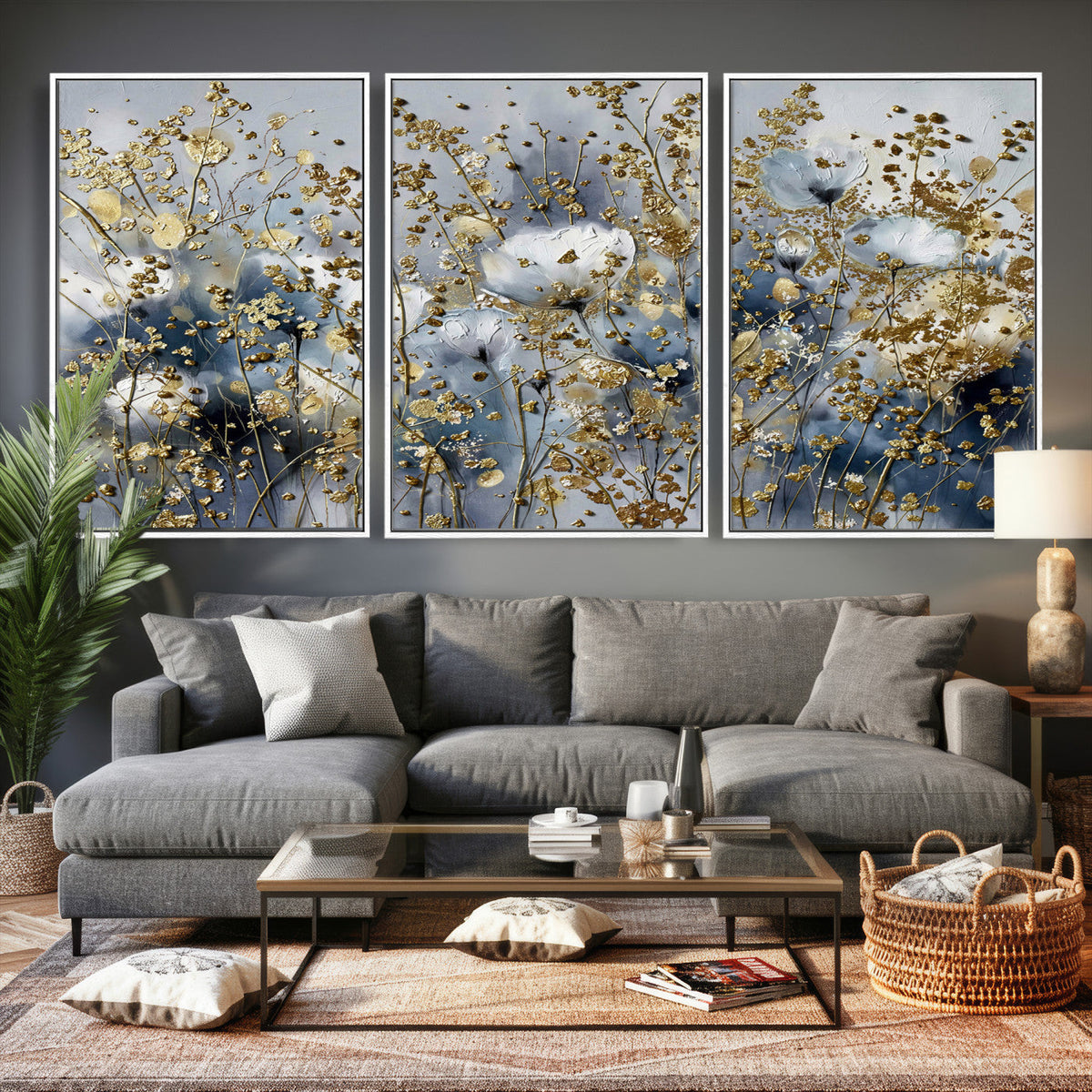 Abstract Floral Wall Art Canvas Print – Gold and Blue