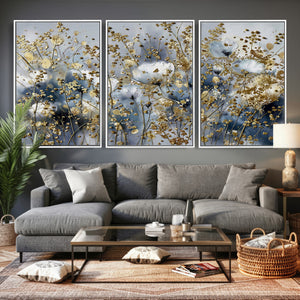 Abstract Floral Wall Art Canvas Print – Gold and Blue