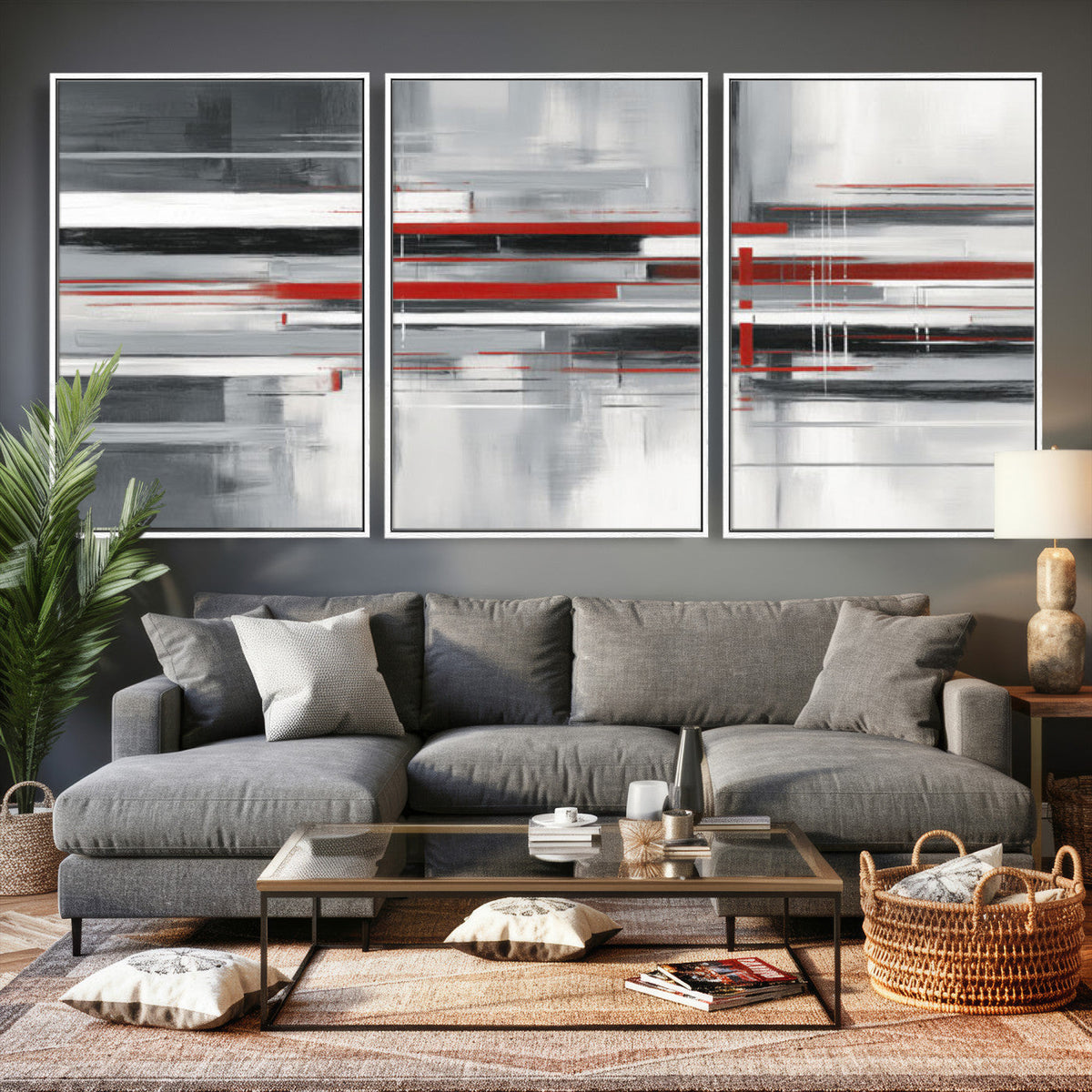 Gray Red Abstract Wall Art Canvas Print, Modern Abstract
