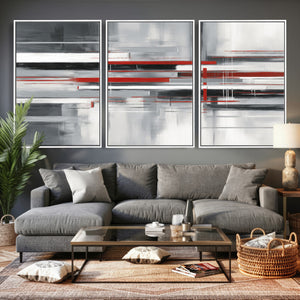 Gray Red Abstract Wall Art Canvas Print, Modern Abstract