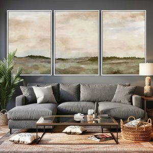 Muted Watercolor Hill Landscape Print — Beige Taupe Cloudy