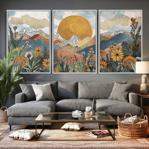 Boho Mountain Landscape Large Wall Art, Horizontal Gold