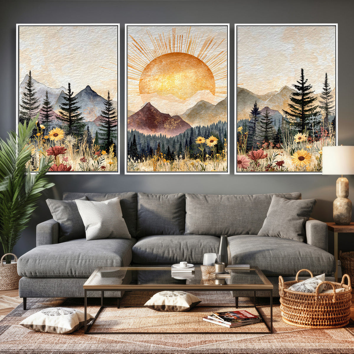 Boho Mountain Landscape Large Wall Art, Horizontal Gold