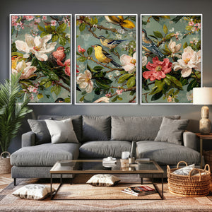 Vintage Birds and Flowers Wide Wall Art: Extra Large