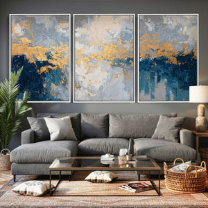 Blue Gold Abstract Large Framed Canvas Wall Art, Modern