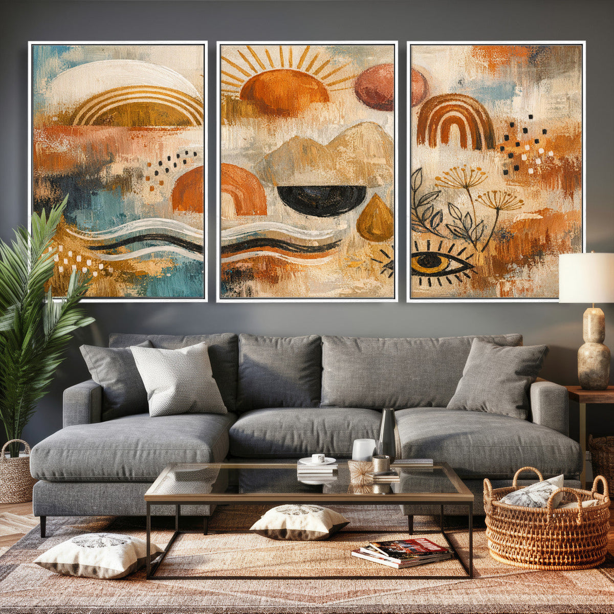 Geometric Boho Abstract Wall Art Canvas Print, Orange Blue