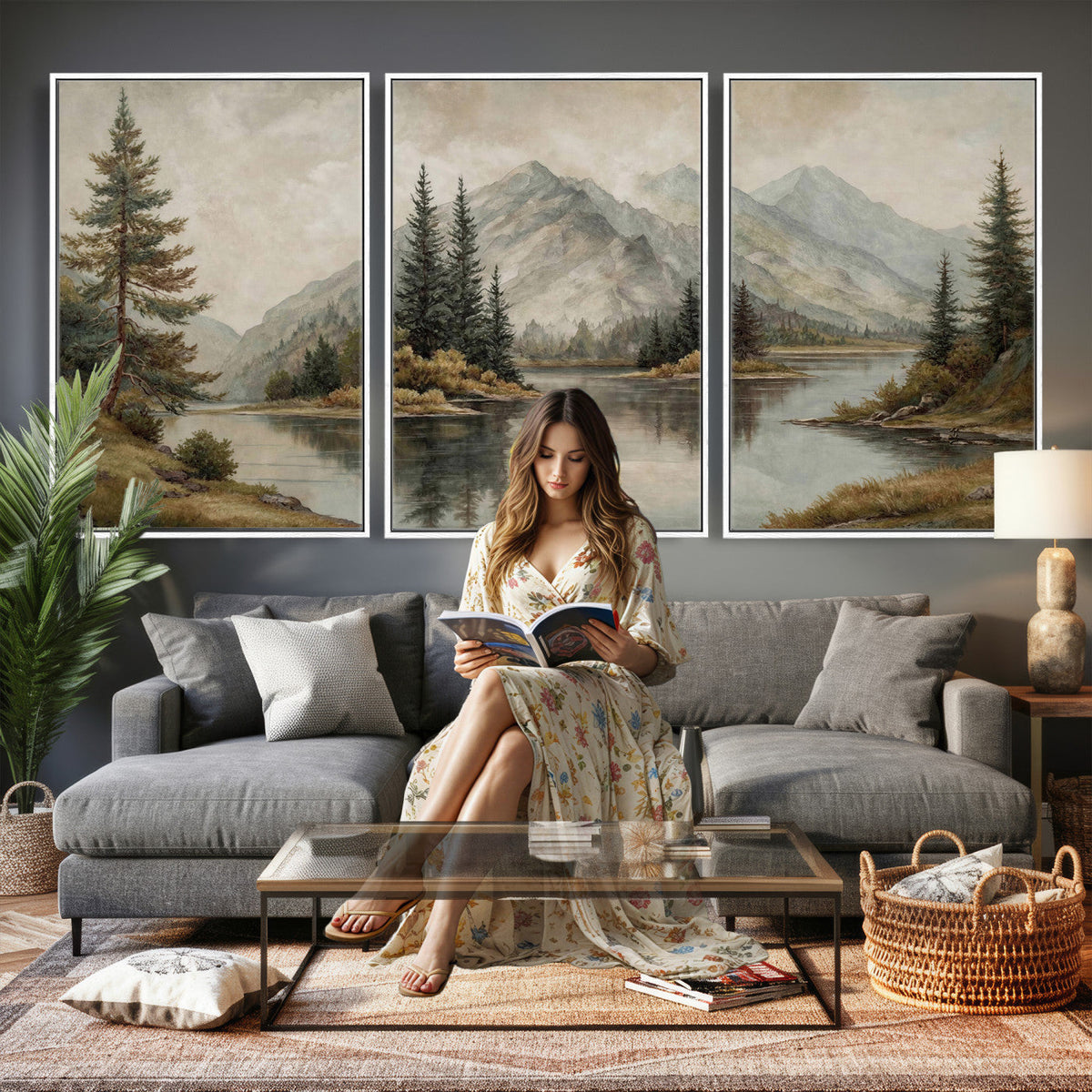 Vintage Mountain Landscape Wall Art Canvas Print Set, Rustic
