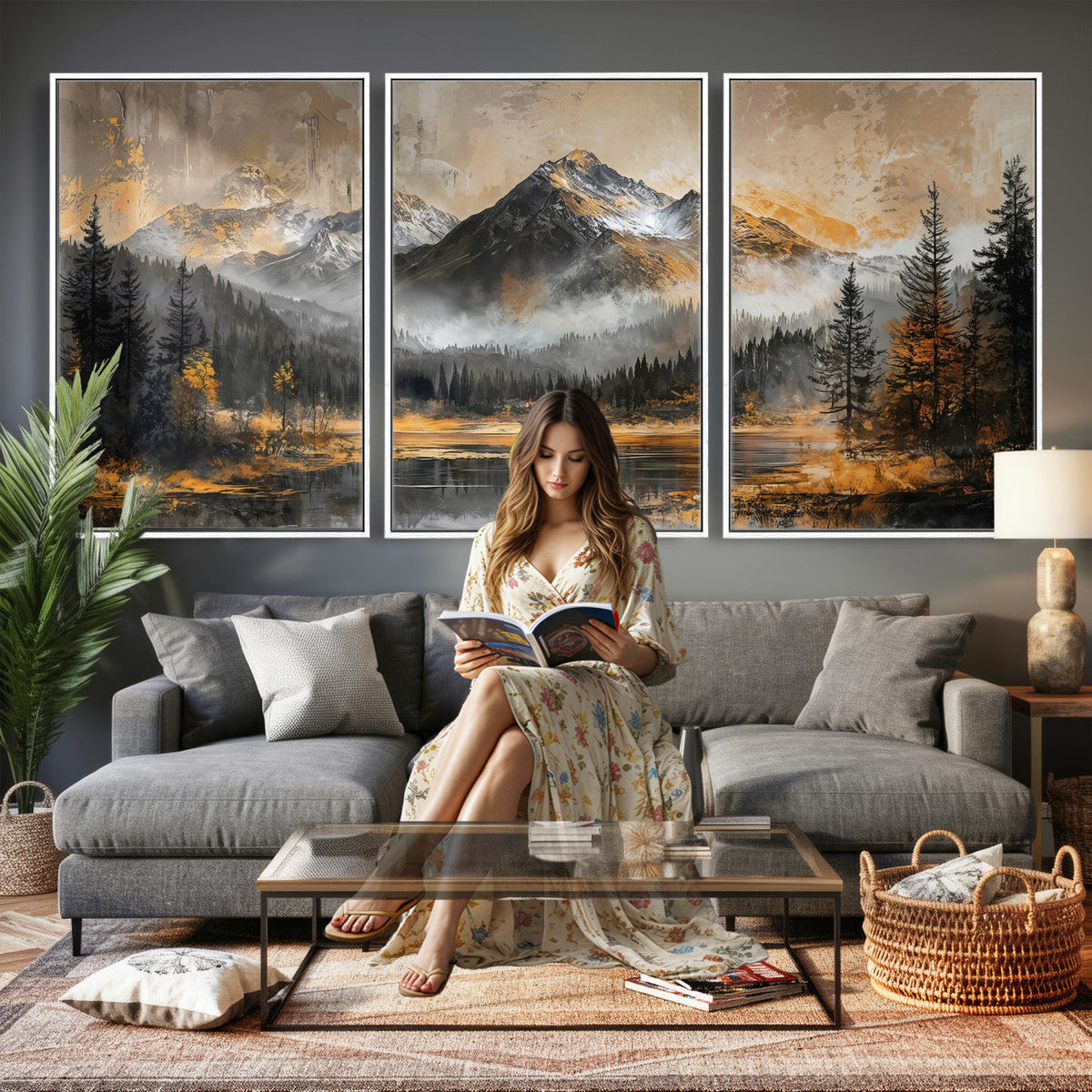 Mountain Lake Canvas Wall Art — Rustic Forest Landscape