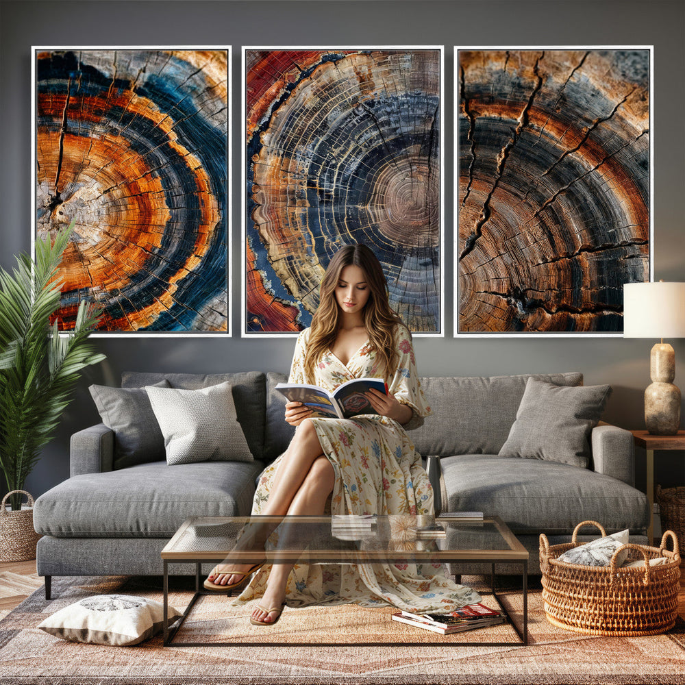 Tree Ring Triptych Canvas Wall Art — Set of 3 Wood Grain