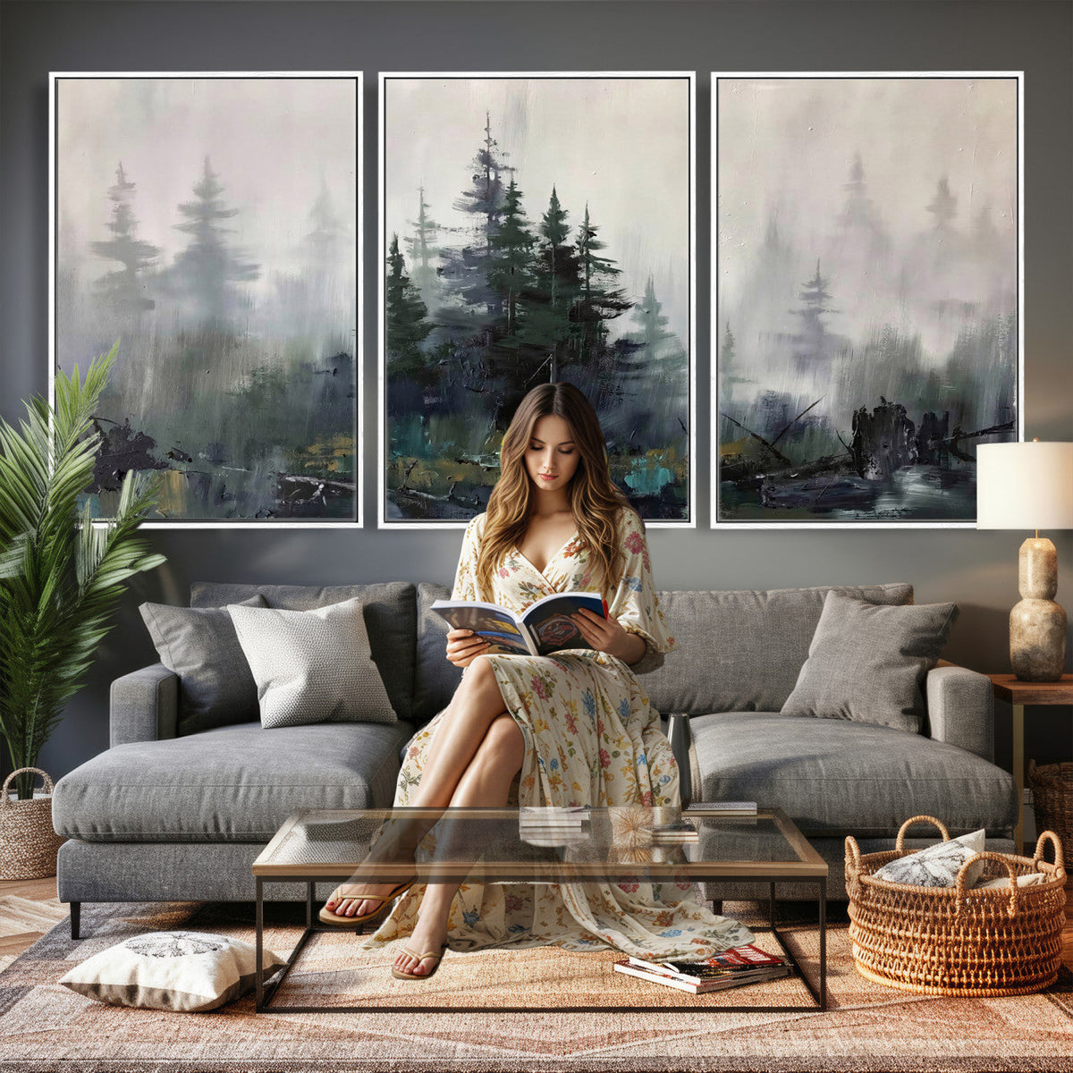Misty Pine Forest Oil Painting Canvas — Dark Moody Teal Grey