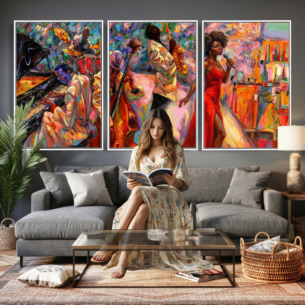 African American Jazz Singer Canvas Art — Red Dress Black