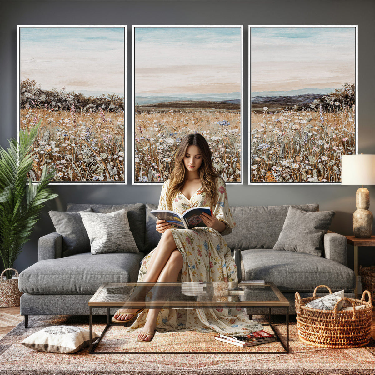 Neutral Wildflower Field Canvas Wall Art — Beige Earth Tone