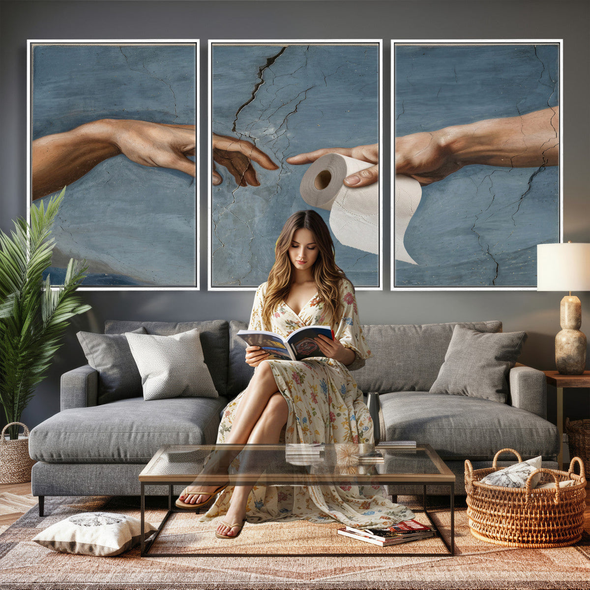 Funny Bathroom Canvas Wall Art, Michelangelo Creation of