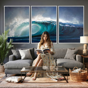 Ocean Wave Canvas Wall Art, Dramatic Teal Blue Seascape Oil