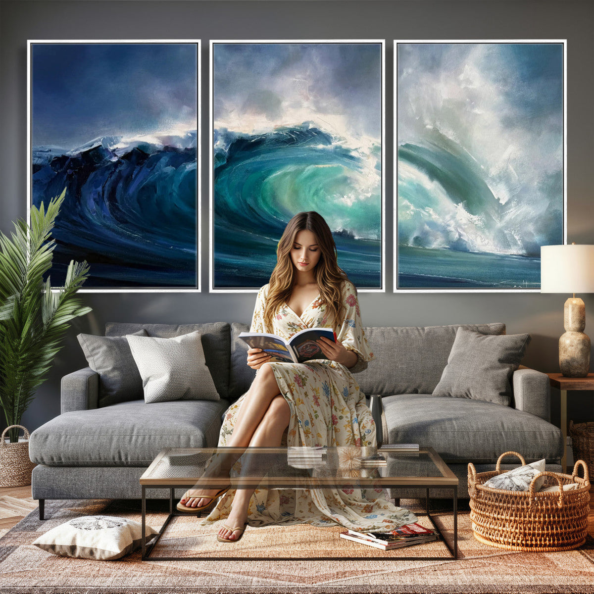 Ocean Wave Canvas Wall Art, Dramatic Teal Blue Seascape Oil