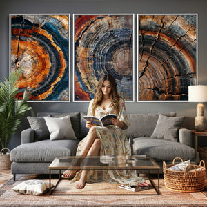 Tree Ring Canvas Wall Art, Wood Cross Section Triptych