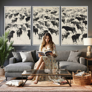 Longhorn Cattle Canvas Wall Art, Black White Stampede Ink