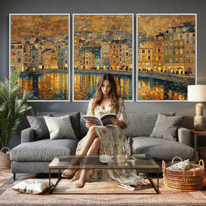 Gustav Klimt Golden Cityscape Wall Art Canvas Print, Framed