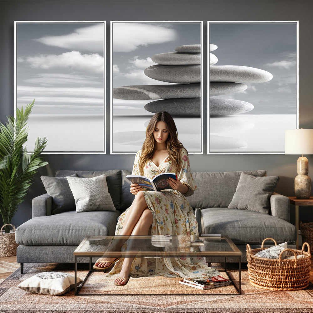 Zen Stone Wall Art Canvas Print, Balanced Rock Stack Framed