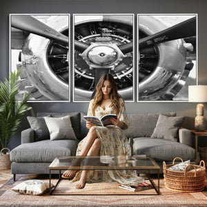 Vintage Propeller Plane Wall Art Canvas Print, Black and