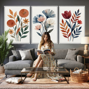 Watercolor Botanical Canvas Wall Art Set, Navy Terracotta