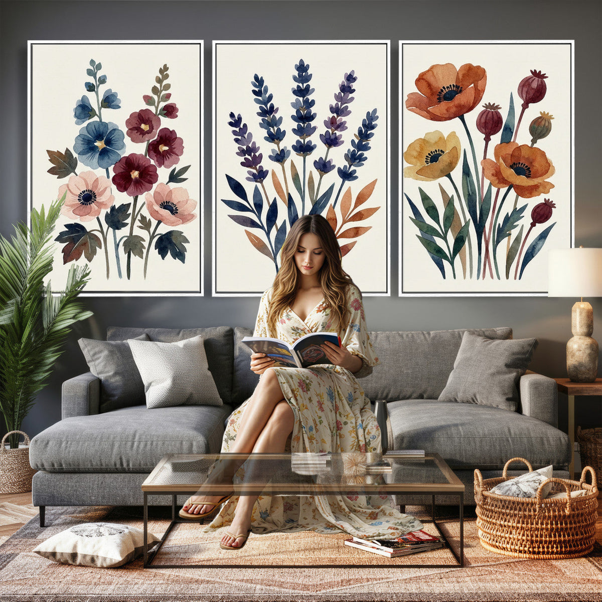 Watercolor Botanical Canvas Wall Art Set, Navy Terracotta