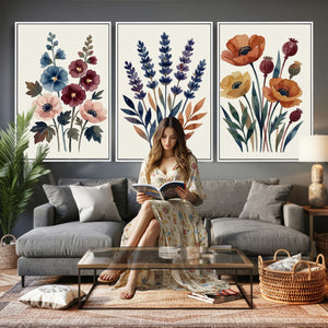 Watercolor Botanical Canvas Wall Art Set, Navy Terracotta