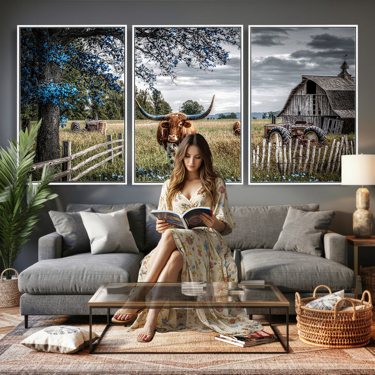 Texas Longhorn Canvas Wall Art, Rustic Farm Barn Bluebonnet