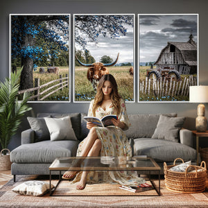Texas Longhorn Canvas Wall Art, Rustic Farm Barn Bluebonnet