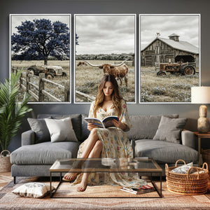 Texas Longhorn Canvas Wall Art, Rustic Farm Barn Bluebonnet