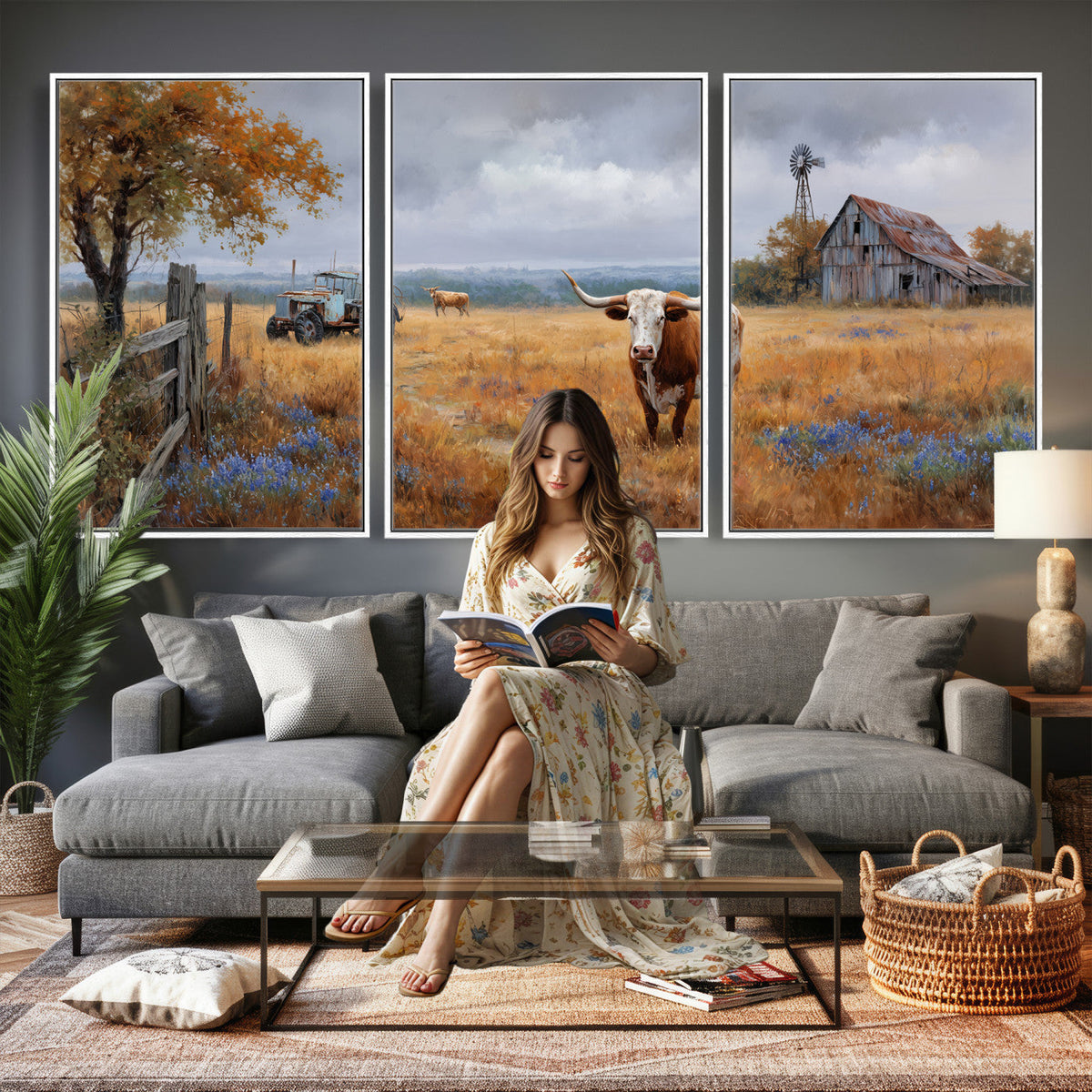 Texas Longhorn Canvas Wall Art, Rustic Farm Barn Bluebonnet