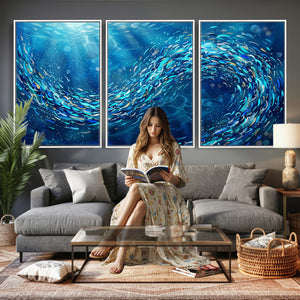 School of Fish Canvas Print | Blue Ocean Underwater Wall Art