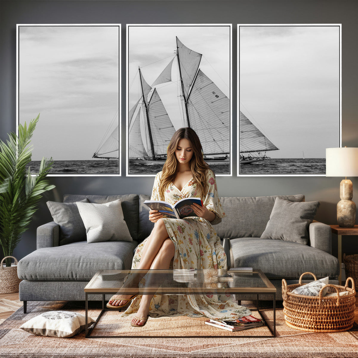 Vintage Sailboat Wall Art Canvas Print, Black and White
