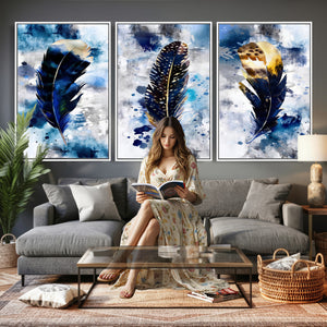 Feather Canvas Wall Art Navy Blue Gold Watercolor Abstract
