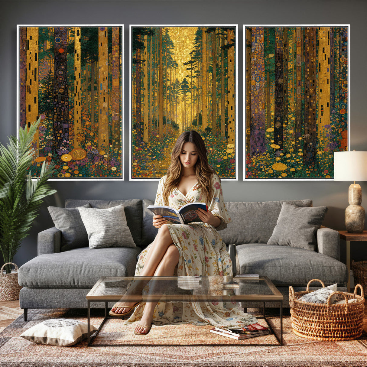 Gustav Klimt Style Forest Canvas Wall Art, Golden Forest Path Floral Art Nouveau Print, Enchanted Woodland Decor
