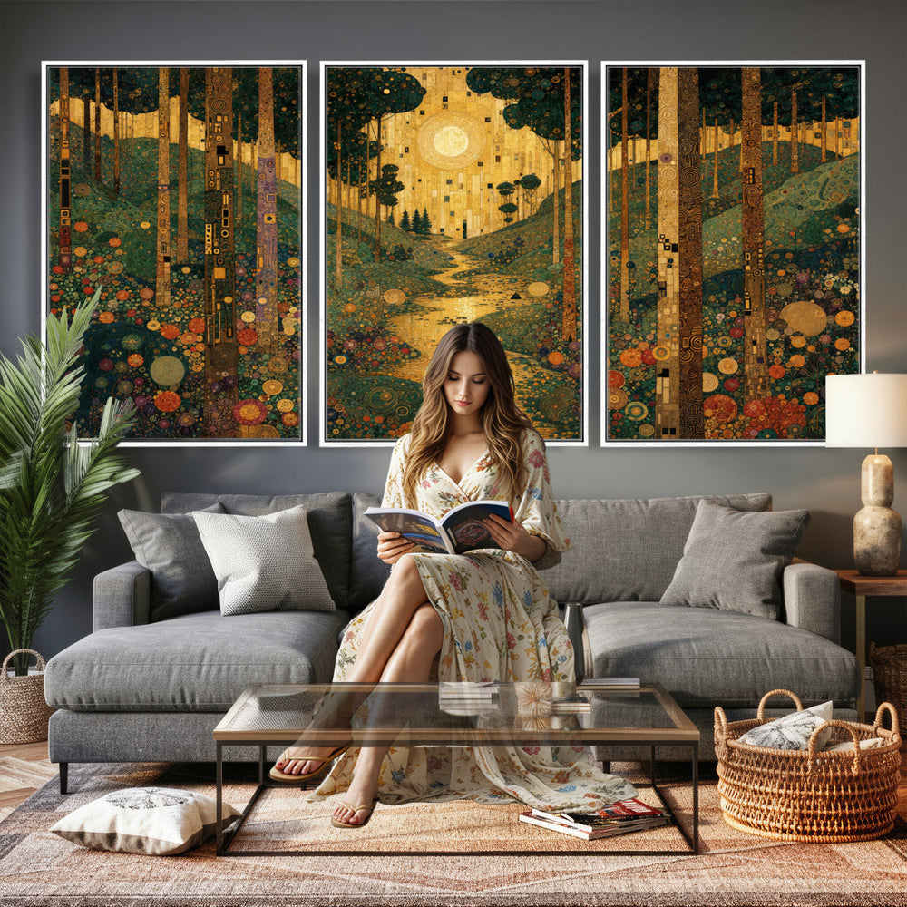 Gustav Klimt Style Forest Canvas Wall Art, Golden Forest Path Floral Art Nouveau Print, Enchanted Woodland Decor