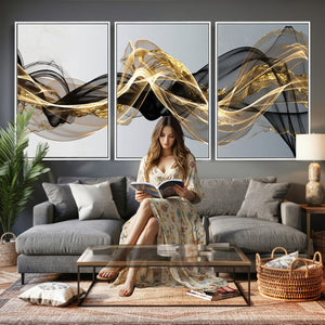 Black and Gold Abstract Wall Art, Modern Wave Canvas Print, Elegant Flowing Smoke Art, Luxury Living Room Decor
