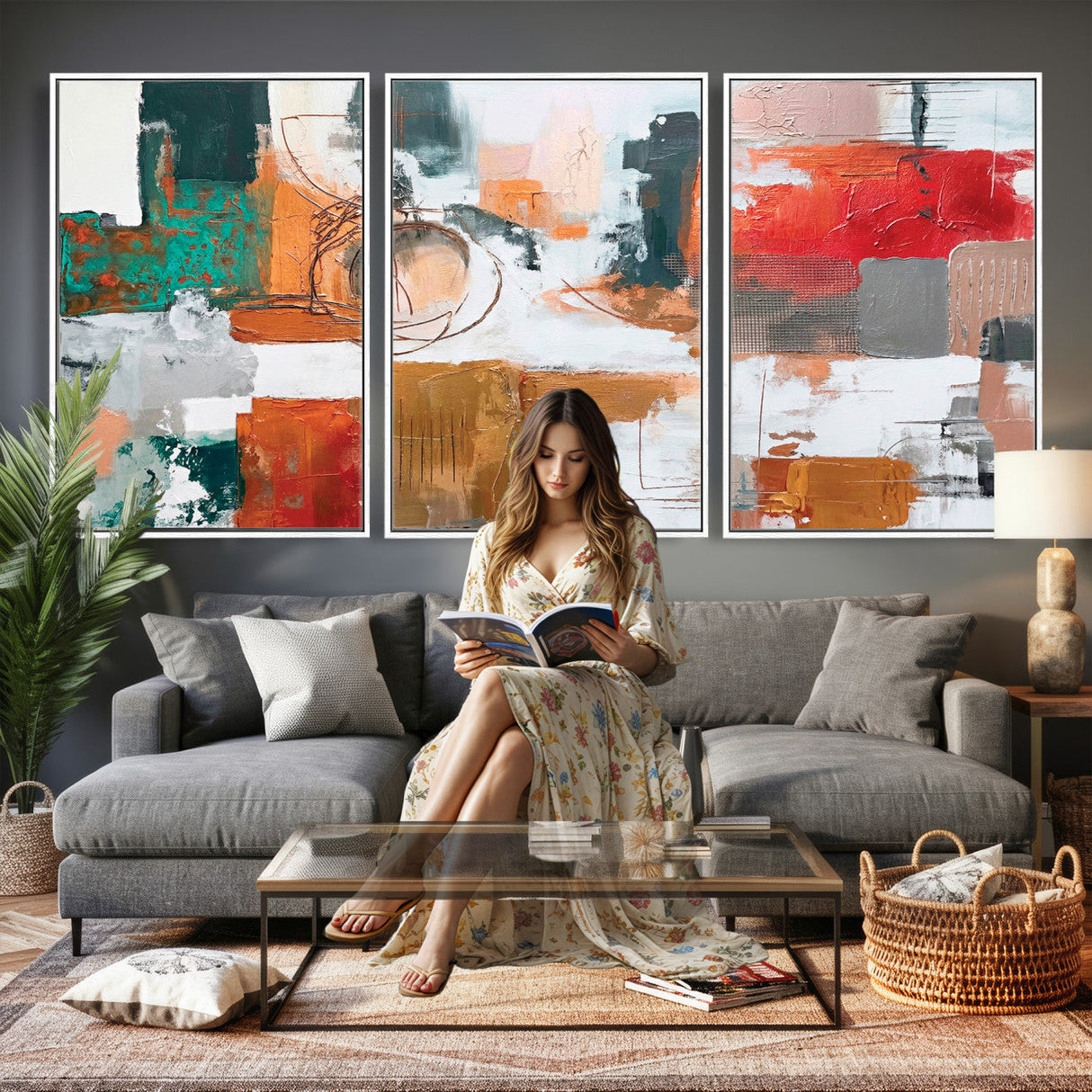 Blue Teal Abstract Canvas Wall Art, Modern Textured Painting Print, Navy Orange White Contemporary Art, Neutral Living Room Decor, Office Art