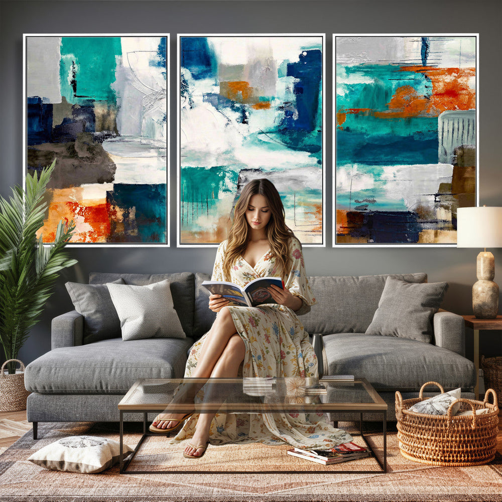 Blue Teal Abstract Canvas Wall Art, Modern Textured Painting Print, Navy Orange White Contemporary Art, Neutral Living Room Decor, Office Art