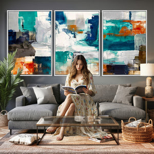 Blue Teal Abstract Canvas Wall Art, Modern Textured Painting Print, Navy Orange White Contemporary Art, Neutral Living Room Decor, Office Art