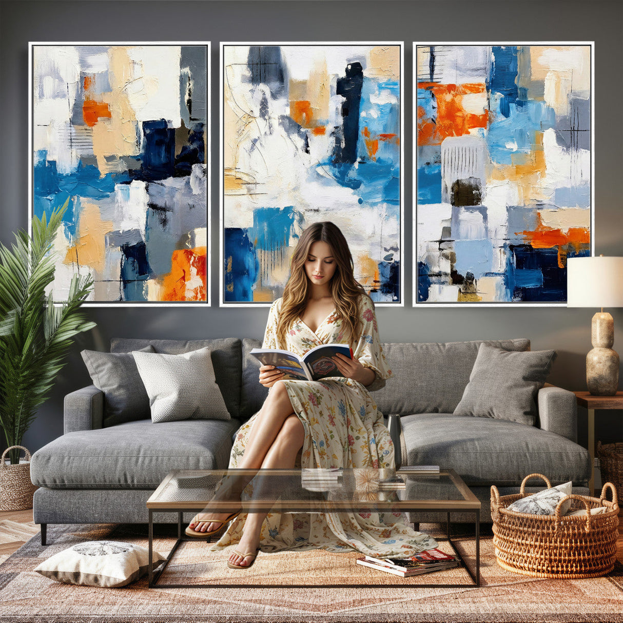 Blue Teal Abstract Canvas Wall Art, Modern Textured Painting Print, Navy Orange White Contemporary Art, Neutral Living Room Decor, Office Art
