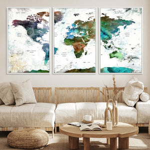 Modern Watercolor World Map Canvas Wall Art – Framed