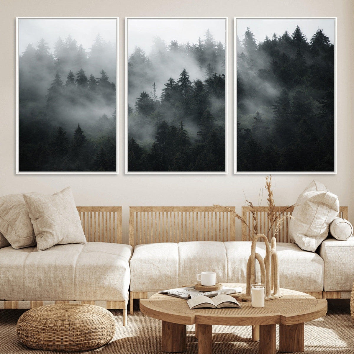 Foggy Forest Wall Art Canvas Print | 3 Panel Large Misty