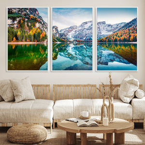 Spectacular autumn view of Braies Lake Wall Art Canvas Print