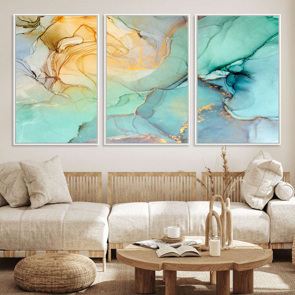 Abstract Aqua and Gold Fluid Wall Art Canvas | 3 Panel Large