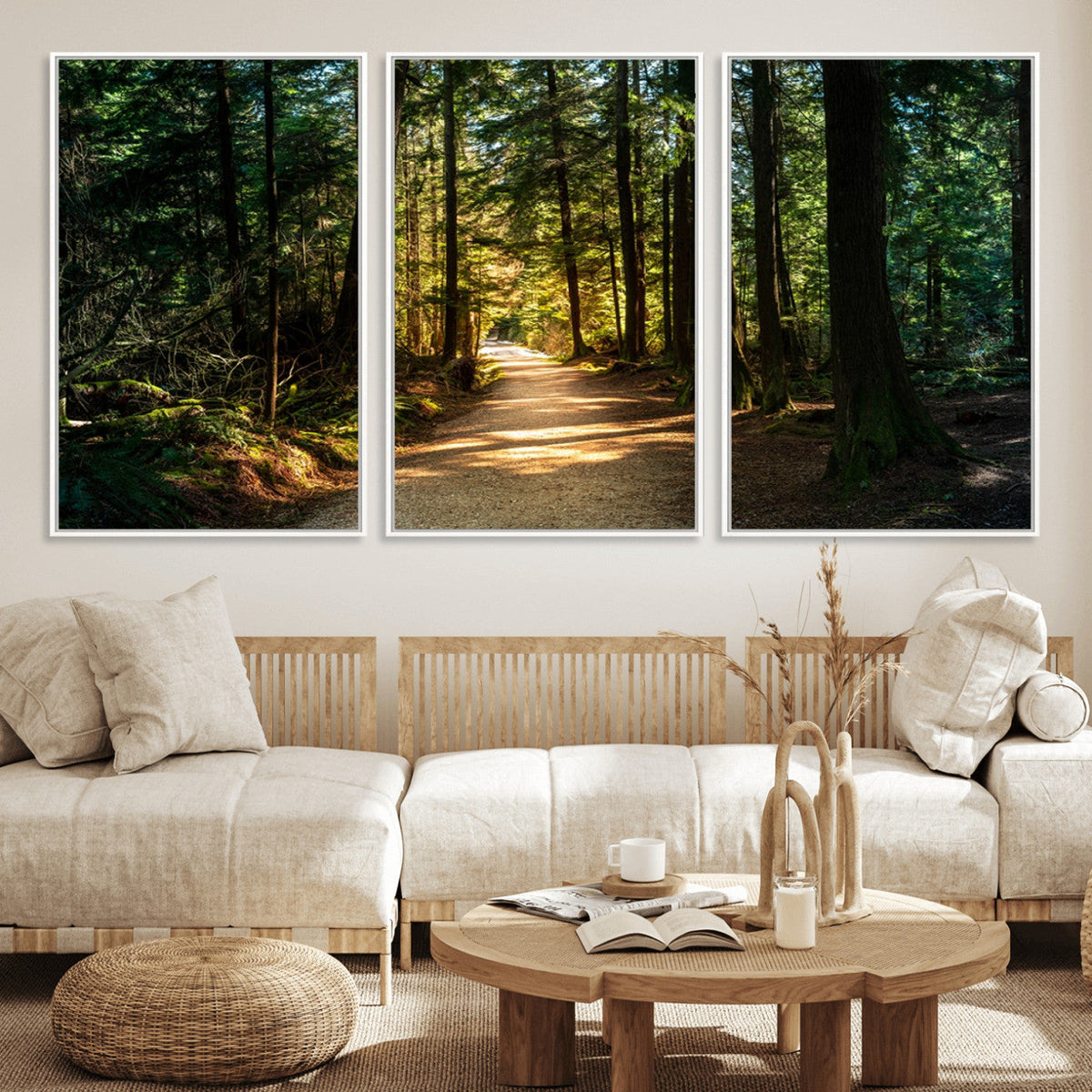Sunlit Forest Pathway Canvas Print | 3 Panel Large Nature