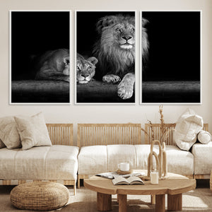 Large Black and White Lion Couple Wall Art Canvas Print –