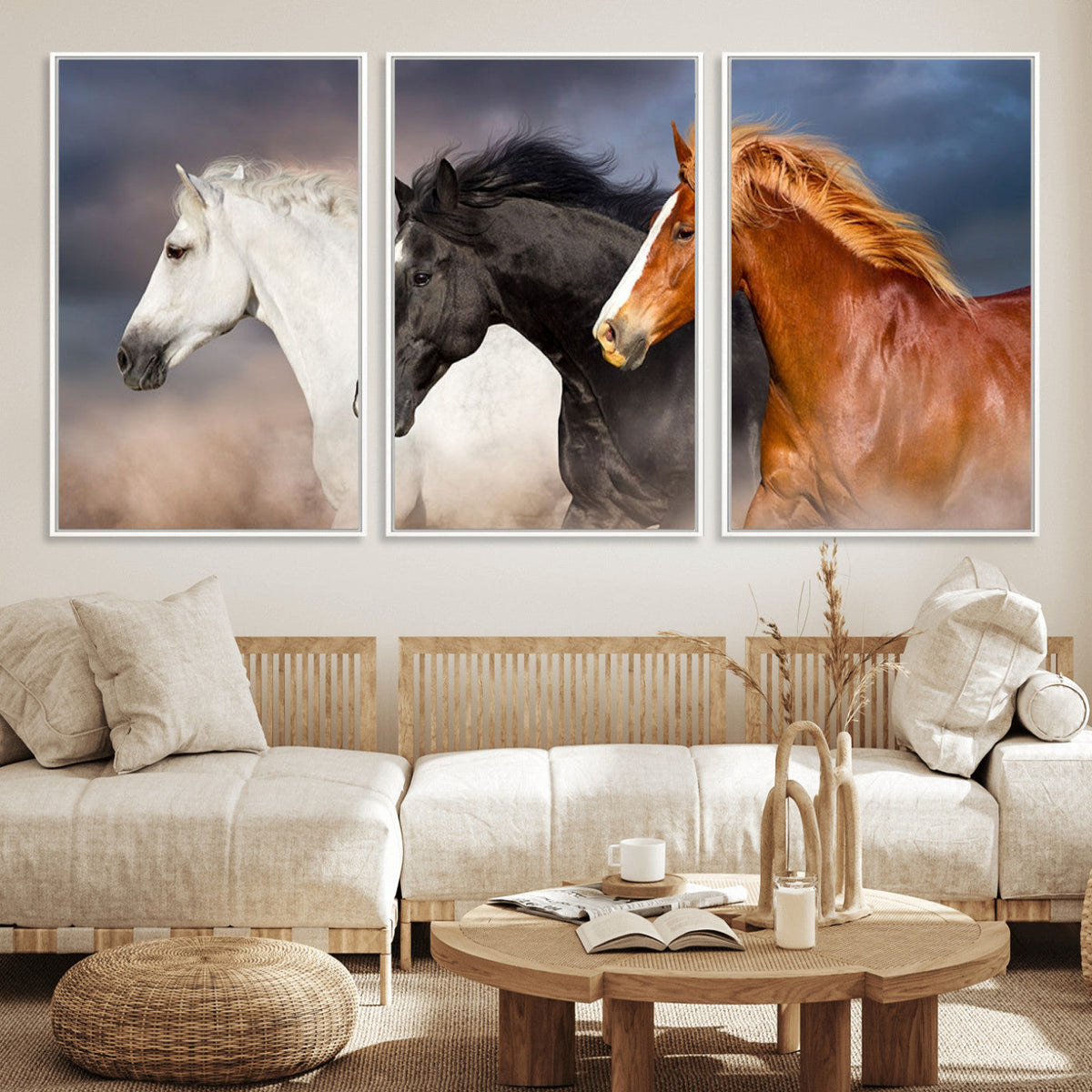 Animal Wall Art Three Horses Farmhouse Art Canvas, Framed