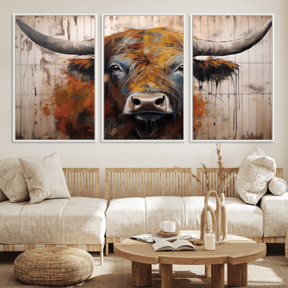 Abstract Bull Highland Cow Canvas Wall Art Print – Vibrant