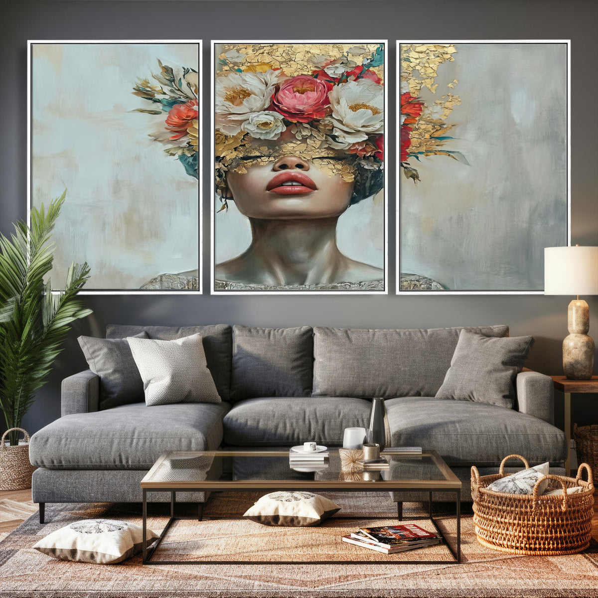 Golden Petal Wall Art Canvas Print - Silhouette Woman Wall